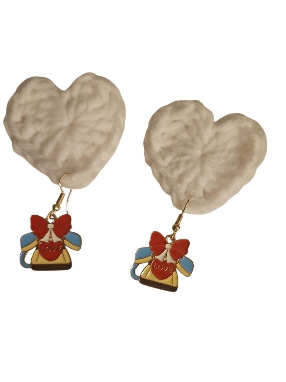 Handmade Crochet Heart-Shaped Statement Earrings Telephone LOVE Red Bow jewerly